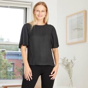 A New Day Satin Black Houndstooth Jacquard Short Sleeve Woven Flowy Blouse Top M